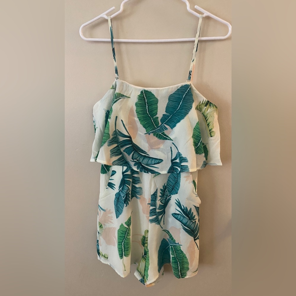 FASHION STRAP RUFFLE WHITE MULTI-COLOR TROPICAL PRINT ROMPER